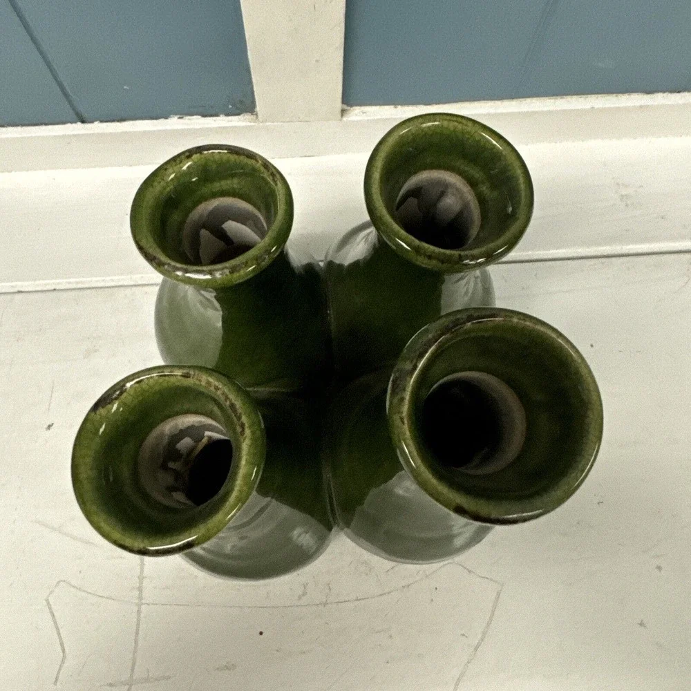 Vintage Pottery Crazed Green Finger 7”‎ Vase Four Vessel MCM RARE